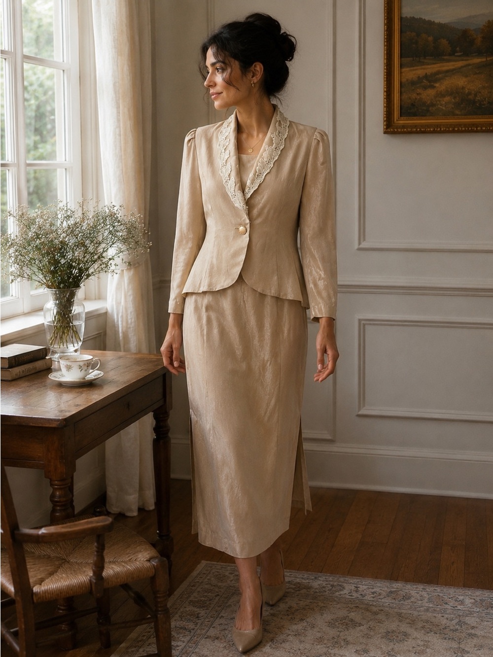 Vintage Jeffrey & Dara by Tom Barra Champagne Peplum Skirt Suit USA Size 6